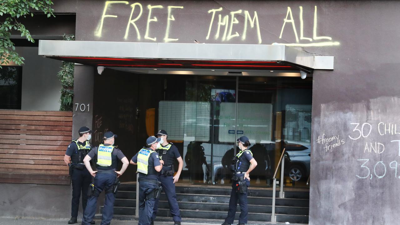 Police keep watch on a Hotel in Carlton where Novak Djokovic is being held after a problem with his Australian Visa when he tried to enter Australia to compete in the Australian Open tennis. Friday, January 7, 2021. Picture: David Crosling