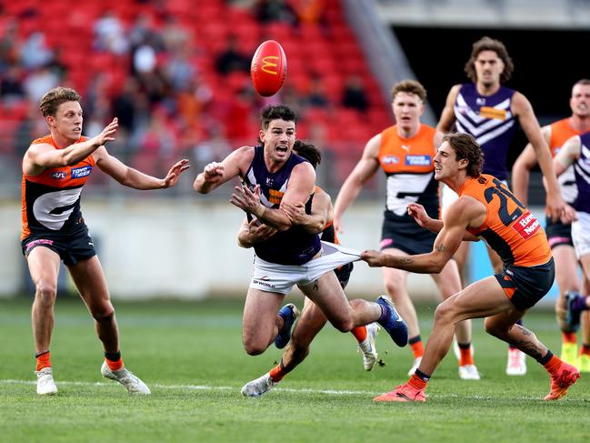 Andrew Brayshaw had plenty of the ball for Fremantle but the Giants won the midfield battle. Picture: Brendon Thorne/AFL Photos