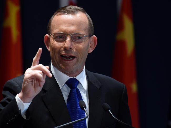 Australian Prime Minister Tony Abbott speaks during the signing ceremony of the deal with China. Picture: Lukas Coch