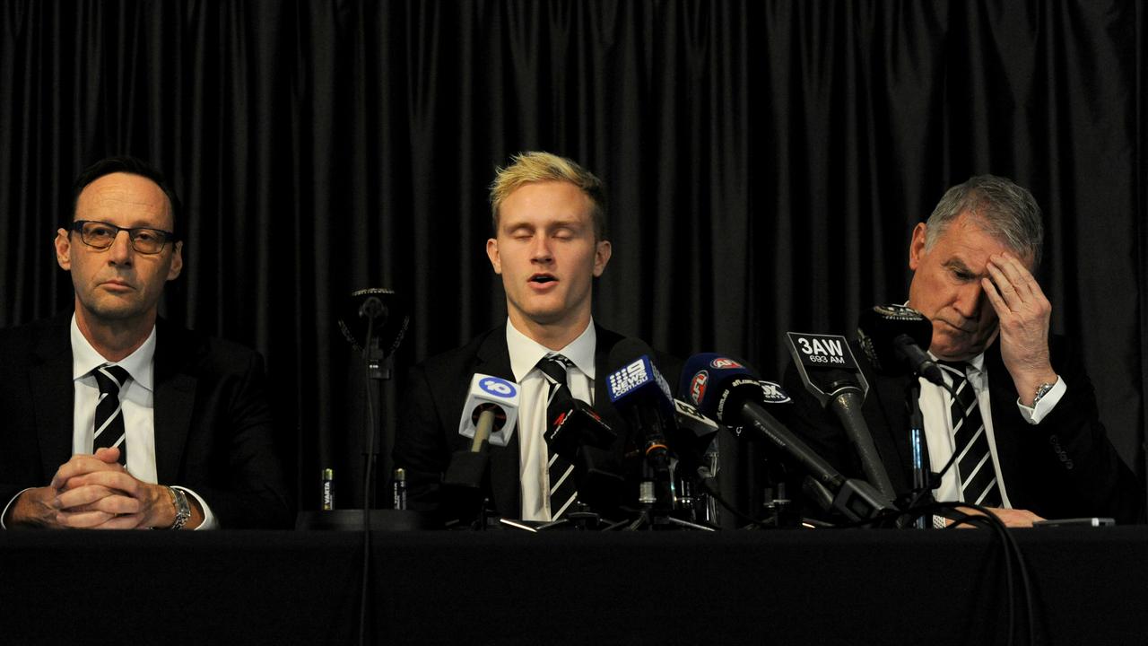 Mark Anderson, Jaidyn Stephenson and Geoff Walsh address media after the then-Magpie’s betting ban.