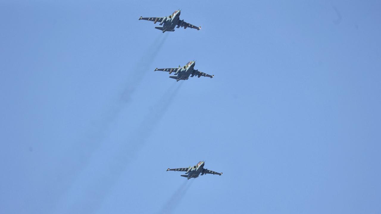 Fighter jets fly in formation during joint exercises of the armed forces of Russia and Belarus as part of a military exercise. Picture: Leonid Shcheglov/BELTA/AFP