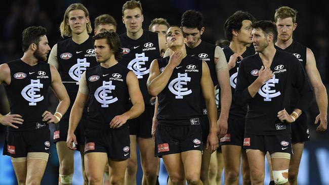 Another defeat as dejected Carlton players make their way from the ground after losing to the Western Bulldogs at Etihad Stadium last Saturday. Picture: AAP