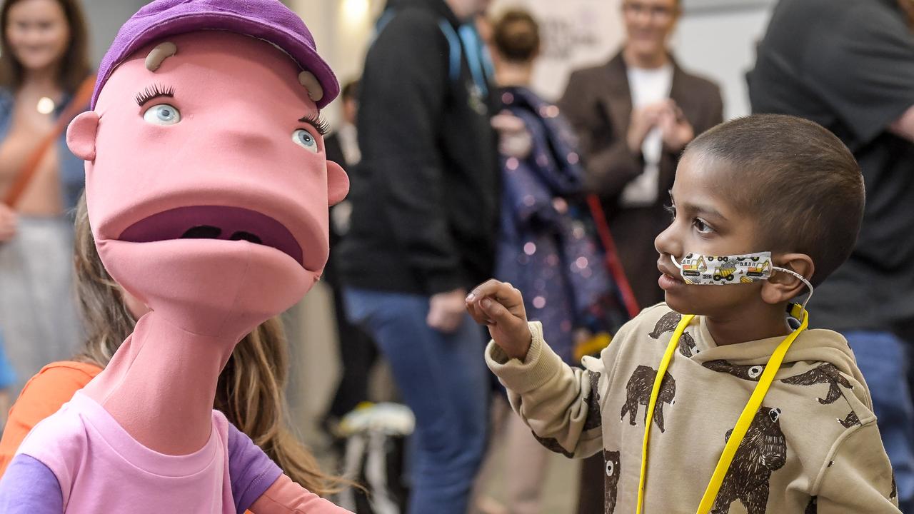 Jason Annaraj, 4, getting a preview of the Royal Adelaide Show bags and characters. Picture: RoyVphotography