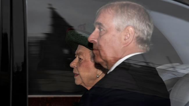 Queen Elizabeth II and Prince Andrew leave by car after attending a Service of Thanksgiving for Prince Philip, at Westminster Abbey in London on March 29, 2022. Picture: AFP