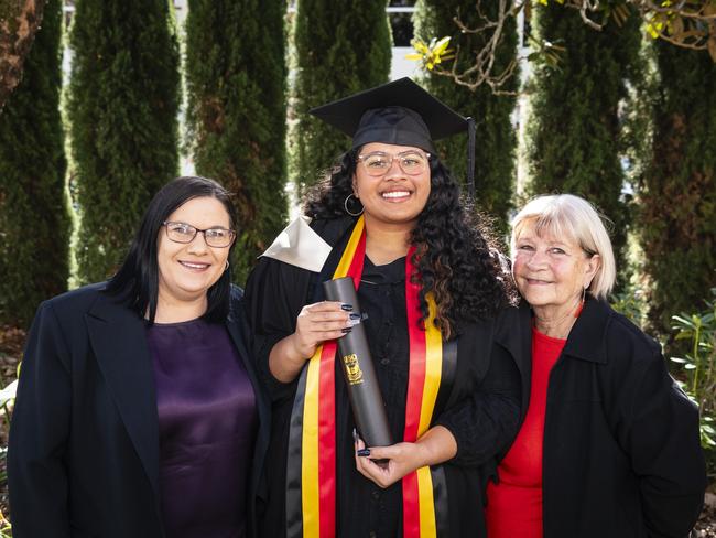 Alexandra Hay celebrates her Bachelor of Arts degree with her mum Rebecca Hay and grandmother Nola White at the UniSQ graduation ceremony at Empire Theatres, Tuesday, June 27, 2023. Picture: Kevin Farmer