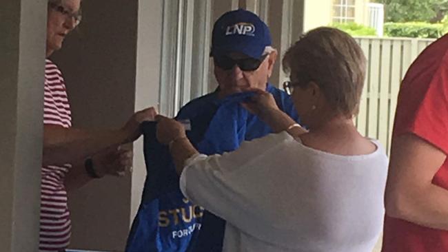 Photos have emerged of an LNP volunteer appearing to hand out how to vote cards for both Currumbin MP Jann Stuckey and independent candidate Andy Semple. Picture: Supplied