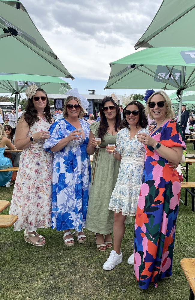 Nina O'Dea, Mia Indorino, Melina Pereira, Naomi Edwards and Renee Clarke at the 2024 Crown Oaks Day, held at Flemington Racecourse. Picture: Gemma Scerri