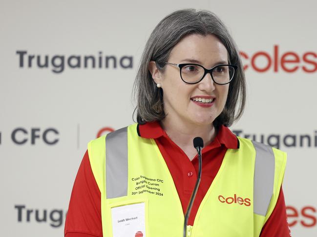 MELBOURNE, AUSTRALIA - SEPTEMBER 20: Leah Weckert, Coles Group Chief Executive Officer  at the launch of the first Coles Customer Fulfilment Centre in Victoria on September 20, 2024 in Melbourne, Australia. Coles has opened its first Customer Fulfilment Centre, bringing together world-class technology and automation to the shopping experience for Coles Online customers in greater Melbourne.ÃÂ Once fully operational, the modern facility will deliver an enhanced shopping experience for online customers Ã¢â¬â with better availability, fewer substitutions, an increased range of products and improvements in the shelf-life of staples like mince and milk. (Photo by Martin Keep/Getty Images)