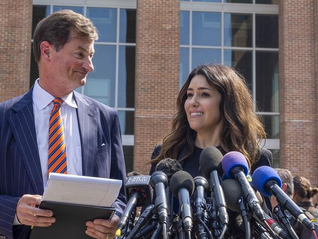 Ben Chew and Camille Vasquez, attorneys for US actor Johnny Depp, depart after speaking to reporters outside the Fairfax County Circuit Courthouse. Picture: Getty Images