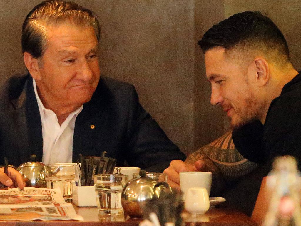 SUNDAY TELEGRAPH ONLY - Pictured is Sonny Bill Williams, his manager Khoder Nasser and Roosters boss Nick Politis at a cafe in Darlinghurst today.