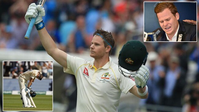 Steve Smith raises his bat after his century at Edgbaston (main), and looks at the field as the 100 sinks in (bottom left). It's a far cry from the emotional of his post-"Sandpapergate" press conference (top right). Pictures: AFP/Getty/AFP