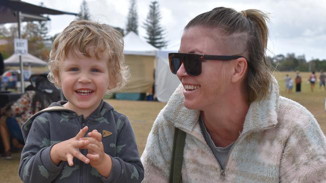 Rachel Johnson and Austen share a laugh at the Yamba Markets on Sunday.