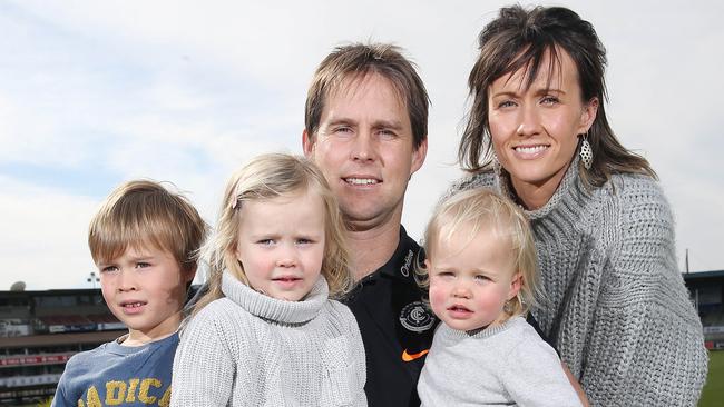 Carlton coach David Teague with wife Hannah and his kids Milla, Lucy and Jack. Picture: Michael Klein.