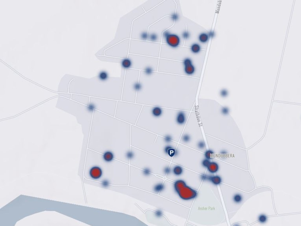 A crime heat map of Mundubbera from September 1 2018 to August 31 2020. Picture: Queensland Police Service