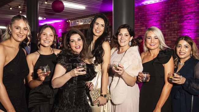 Representing Mosta Hair and Joel's Barber Shop are (from left) Chloe Stollznow, Anna Theodosis, Susan Watson, Samantha Bird, Talia Maculan, Chloe Handley and Sirjana Adhikari at Little Pig Consulting Business Excellence Awards at Rumours International, Saturday, October 19, 2024. Picture: Kevin Farmer