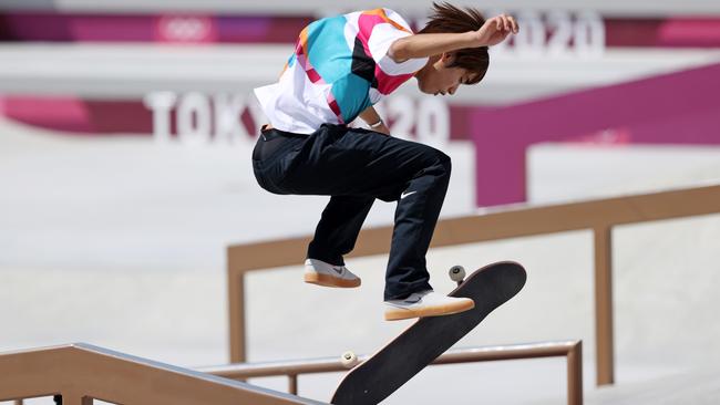 Japan’s Yuto Horigome on his way to Olympic gold in skateboarding. Picture: Getty Images