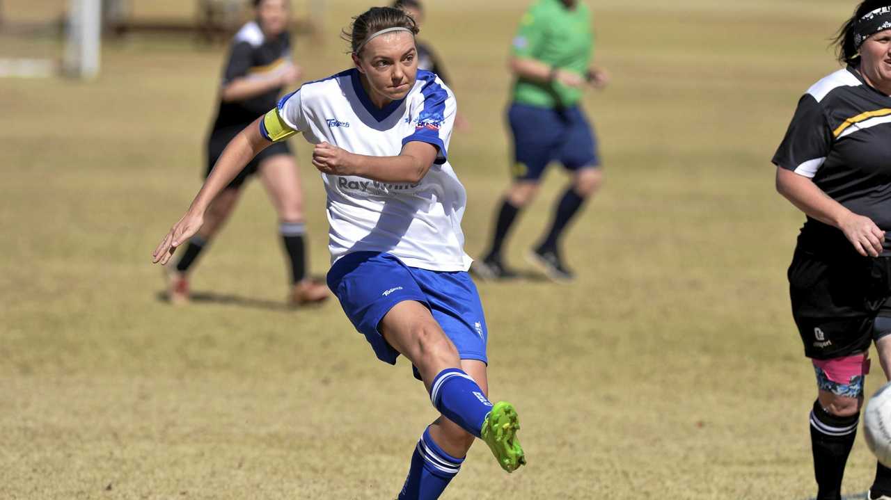 IN CONTROL: Rockville Rovers captain Mia Hofmann-Young sends the ball downfield during a match earlier this season. Rockville plays Gatton tomorrow with the winner advancing to the Toowoomba Football Premier women's grand final. Picture: Kevin Farmer