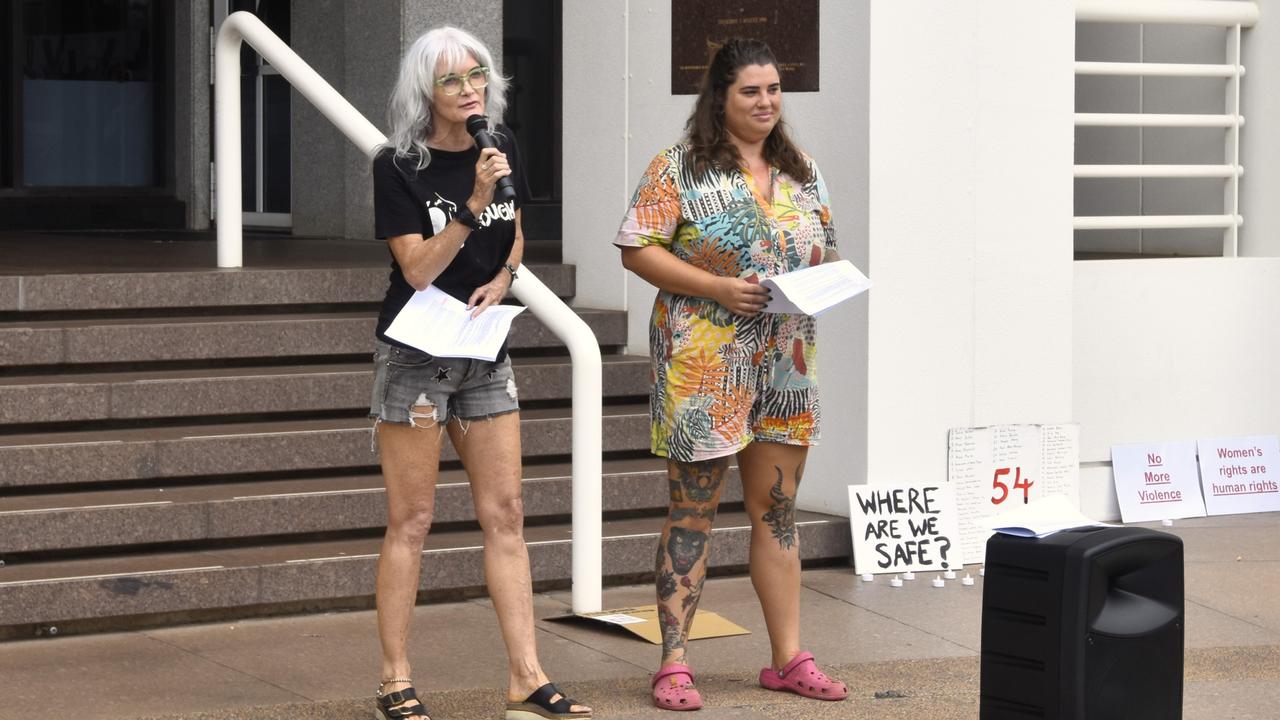 Sex Workers Outreach Program NT members Leanne and Hannah Darwin No More Violence rally at Parliament House, 2024. Picture: Sierra Haigh