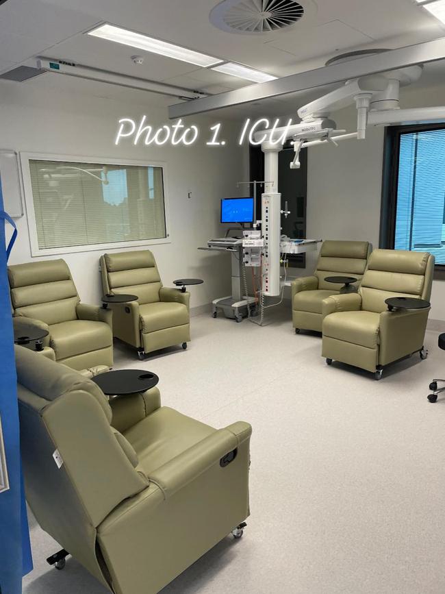 An intensive care unit room bring used to store recliners. Picture: Craig Jurisevic