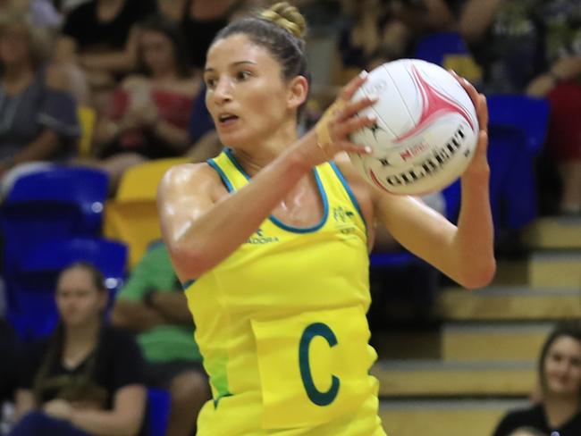 Kim Ravaillion in the Diamonds last warmup game before the Commonwealth Games at Sunshine Coast Stadium. Photo Lachie Millard