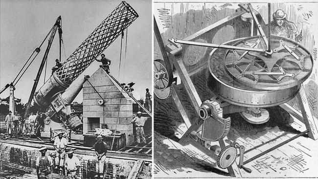 The telescope during installation in 1869, and a machine used to polish the speculum, which controlled the movement of the telescope’s lenses. Picture: State Library of Victoria