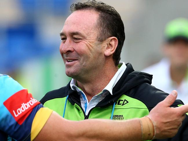 Greg Bird and Ricky Stuart after the game during the round 16 NRL game, Gold Coast Titans V Canberra Raiders at Cbus Super Stadium, Robina. Pics Adam Head