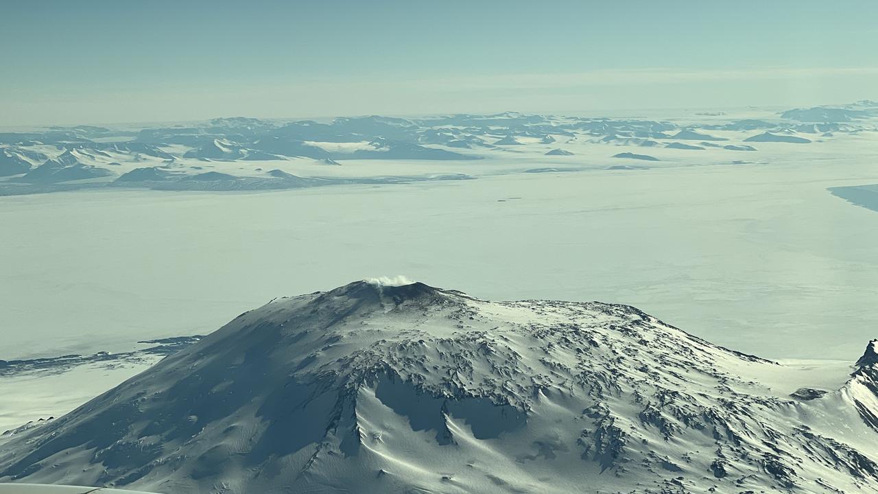 Steam could be seen coming off Mount Erebus, the highest active volcano in Antarctica. Picture: Chantelle Francis / news.com.au