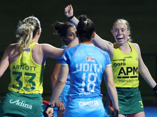 Maddison Brooks celebrates the goal that would preserve the Hockeyroos unbeaten series against India.