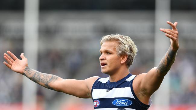 Quinton Narkle of the Cats in action during the round 20 AFL match between North Melbourne Kangaroos and Geelong Cats at Blundstone Arena on July 31, 2021 in Hobart, Australia. (Photo by Steve Bell/AFL Photos/via Getty Images)