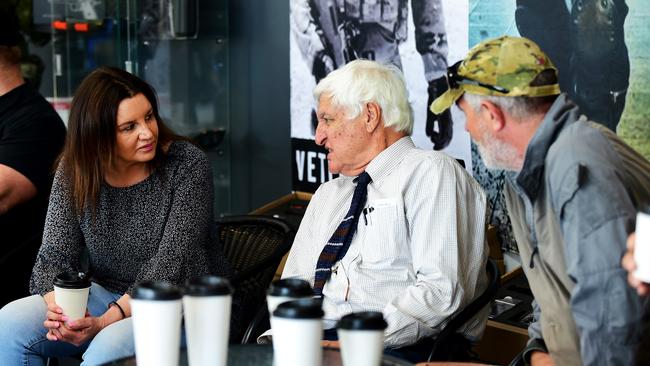 Senator Jacqui Lambie and Kennedy MP Bob Katter meet with veterans at Australian Warfighter Coffee. Pictured with Jason Watson. Picture: Alix Sweeney