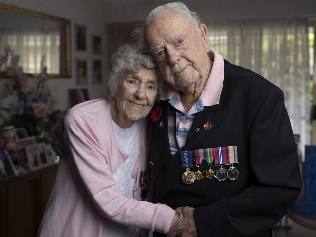 Wednesday 17th April 2024.  The Australian.Australia's last surviving WW2 coastwatcher, Jim Burrowes, 101, and his 100-year-old wife, Beryl, also a WW2 vet who served in the RAAF.Photograph by Arsineh Houspian.