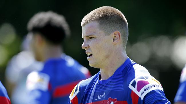 Knights new signing Jayden Brailey takes a breather during a Newcastle Knights training session at Balance Field in Newcastle, Wednesday, November 6, 2019. (AAP Image/Darren Pateman) NO ARCHIVING