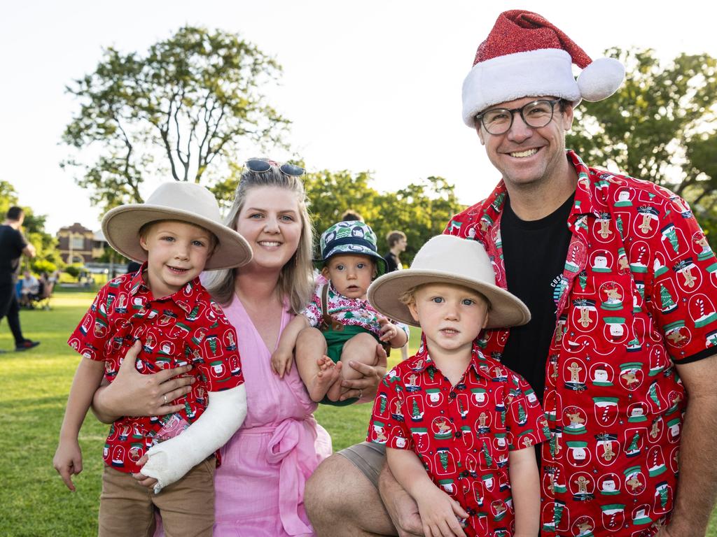 Liesa and Ryan Harris with their kids (from left) Harvey, baby Max and Jed at the Triple M Mayoral Carols by Candlelight, Sunday, December 11, 2022. Picture: Kevin Farmer