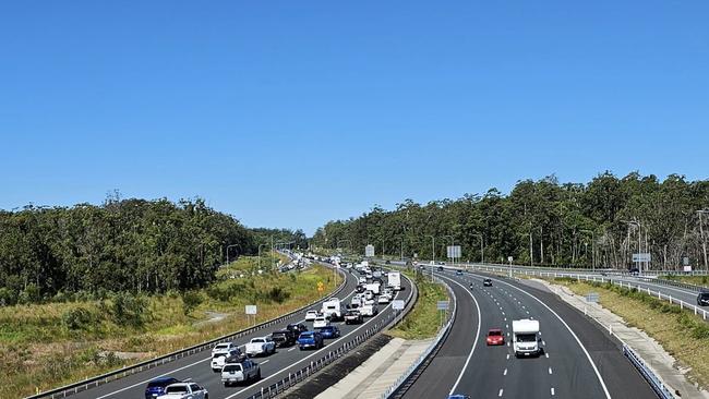 Traffic chaos has begun on the Bruce Hwy on May 1 with this photo taken from the Caloundra Rd overpass showing the southbound traffic build-up. Picture: Deven Naidoo