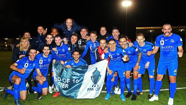 NPL SA club Adelaide Olympic celebrates its passage to the last 16 of the FFA Cup. Picture: Mark Brake/Getty Images