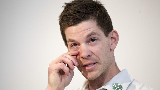 Tim Paine steps down as the Test cricket captain during an emotional press conference in Hobart on friday. Picture: Chris Kidd