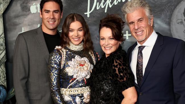 Hailee Steinfeld with brother Griffin (left), mother Cheri and personal trainer father Peter Steinfeld at Apple TV+'s Season 3 premiere of Dickinson in Los Angeles. Picture: Matt Winkelmeyer/Getty Images