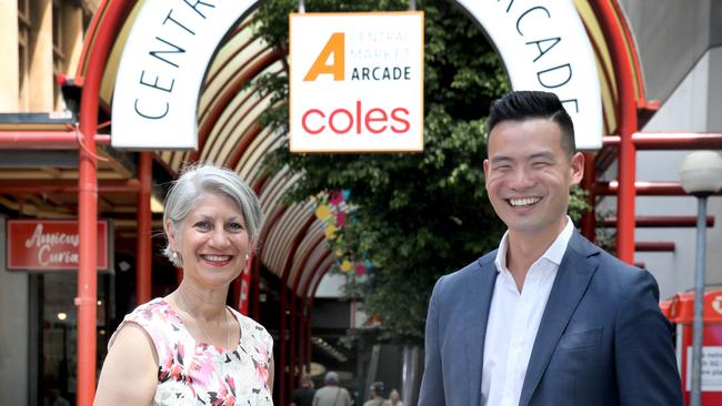 Lord Mayor Sandy Verschoor and ICD Property managing director Matthew Khoo at the King William Street entrance to the arcade. Picture: Dean Martin