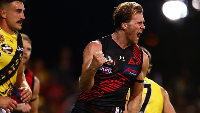 James Stewart kicks one of the Bombers’ 10 goals against the Tigers, which came from just 24 entries. Picture: Getty Images