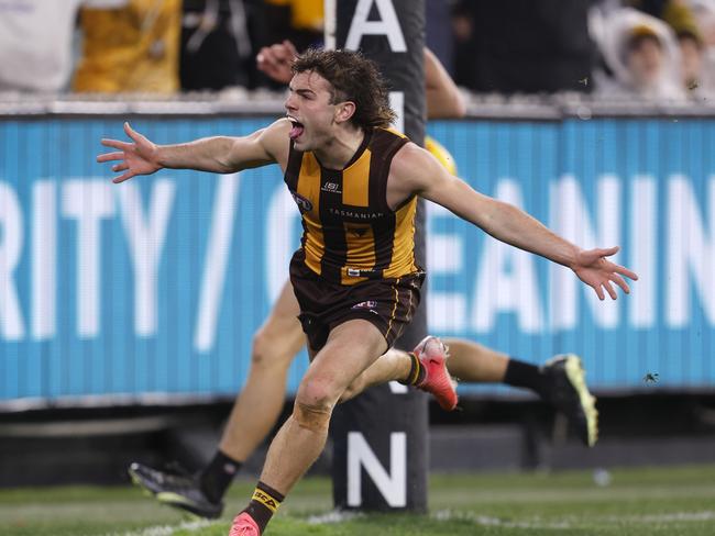 MELBOURNE, AUSTRALIA – JULY 20: Nick Watson of the Hawks celebrates a goal during the round 19 AFL match between Hawthorn Hawks and Collingwood Magpies at Melbourne Cricket Ground, on July 20, 2024, in Melbourne, Australia. (Photo by Darrian Traynor/Getty Images)