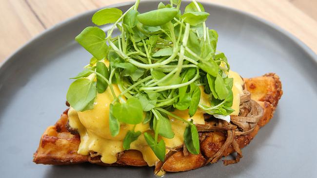 Beef brisket on cornbread cheddar waffle at Stanley in Mt Waverley. Picture: Ian Currie