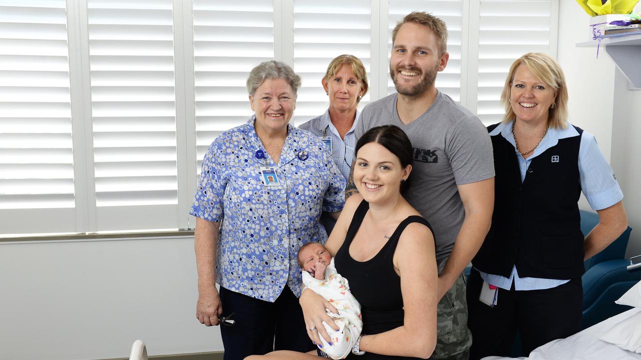 Kayla Shepherdson and Brendon Ashby with baby Quade alongside nurses Dale McQuillan (far left), Jo Ryan and Jean Ballin in 2015. Picture: Rob Williams