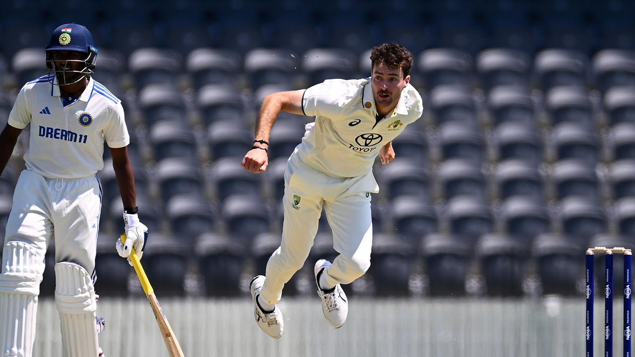 Jordan Buckingham struck twice early in Mackay to help reduce India A to 3-32, claiming 2-17 from his first spell after Australia A chose to bowl first. Picture: Albert Perez / Getty Images