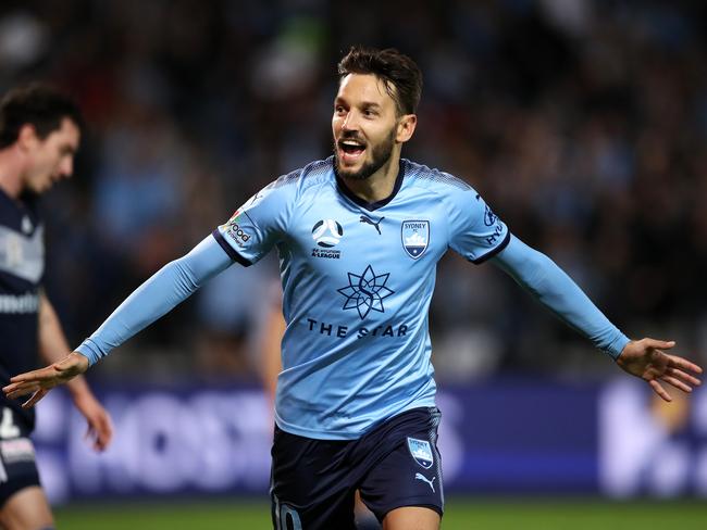 Ninkovic celebrates kicking a goal during the A-League Semi Final match between Sydney FC and the Melbourne Victory at Netstrata Jubilee Stadium on May 12. Picture: Cameron Spencer