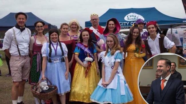 Darren Power, dressed as Hansel, <i>top left</i>; sacked CEO Sharon Kesley dressed as Gretel, <i>second from left</i>, and deputy mayor Jon Raven <i>inset</i>.