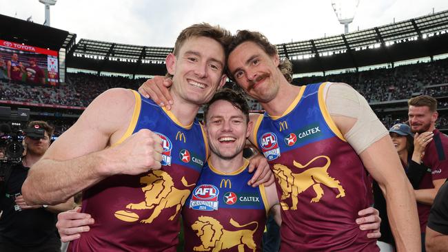 Harris Andrews, Lachie Neale and Joe Daniher. Picture: David Caird