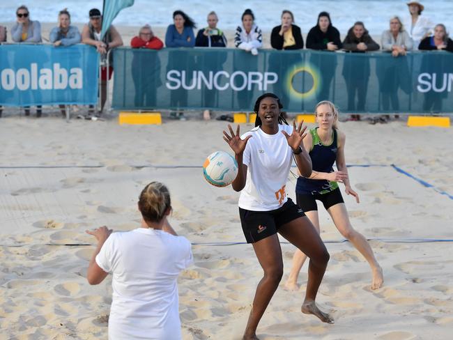 Celebrity Netball Match to launch start of Netfest.More than 2000 participants in 256 teams from Australia and New Zealand will play in the countrys largest mass participation netball carnival.The four-day celebration of all things netball will be staged the Maroochydore Multi-Sports Complex and Mooloolaba Beach.Romelda Aiken from the Queensland Firebirds keeps an eye on the ball.