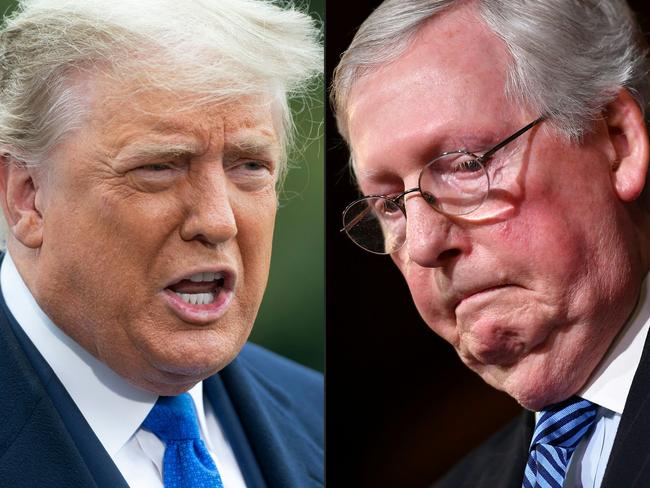 (COMBO) This combination of pictures created on February 16, 2021 shows US President Donald Trump in Washington, DC, October 27, 2020 and  US Senate Majority Leader Mitch McConnell (R-KY)on Capitol Hill in Washington, DC on February 5, 2020. - Donald Trump urged Republican senators February 16, 2021 to dump Mitch McConnell as their leader in the Senate following his withering criticism of the former US president after his impeachment trial. (Photos by SAUL LOEB and Mandel NGAN / AFP)