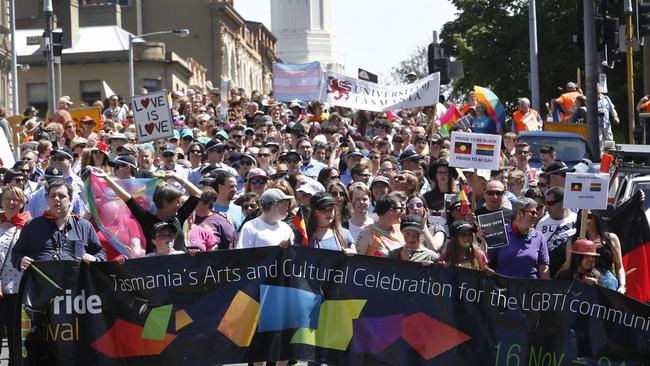 The Pride Parade from North Hobart to Parliament Lawns. in Hobart,