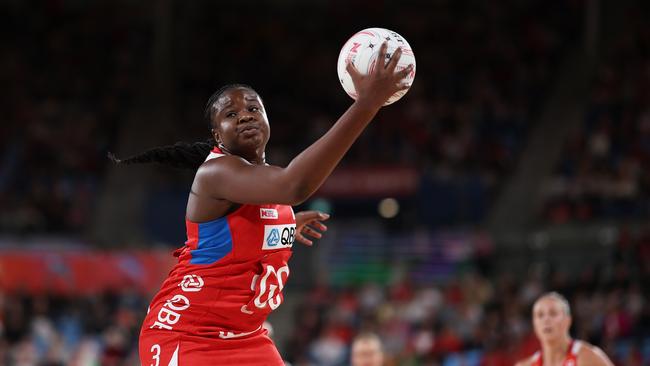 SYDNEY, AUSTRALIA - MAY 19:  Sam Wallace-Joseph of the Swifts catches the ball during the round six Super Netball match between NSW Swifts and Giants Netball at Ken Rosewall Arena, on May 19, 2024, in Sydney, Australia. (Photo by Matt King/Getty Images)